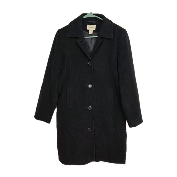 L.L. Bean Long Overcoat Women's Size 10 Black Wool Blend Single Breasted Lined - Picture 1 of 7